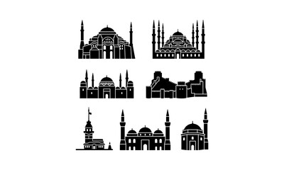 Naklejka premium Set of black silhouettes depicting various mosques and landmarks of Istanbul.