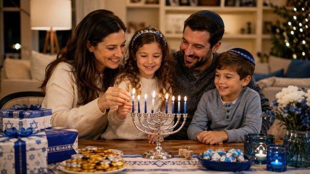  joyful family celebrates Hanukkah together, lighting the menorah surrounded by gifts, candles, and traditional treats in a cozy, festive living room.