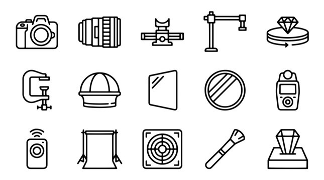 Photography equipment line icons, 15 professional studio gear vector elements, camera and lighting accessories collection