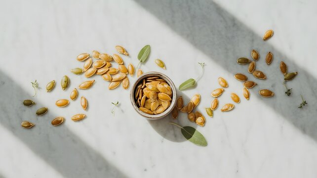 Roasted pumpkin seeds arranged neatly in a small ceramic bowl upon elegant white marble kitchen surfaces