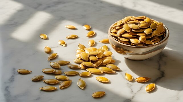 Roasted pumpkin seeds served in ceramic bowl placed on white marble surface with warm sunlight shadows