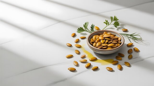 Roasted pumpkin seeds served in ceramic bowl with golden oil on bright white marble kitchen surface