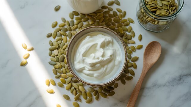 Creamy white yogurt served in a round rustic bowl surrounded by organic green pumpkin seeds