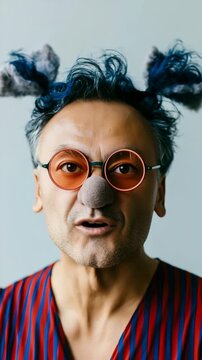 Jovial quirky clown portrait with round orange glasses and blue pompom hair accessories for fun banner and character background design