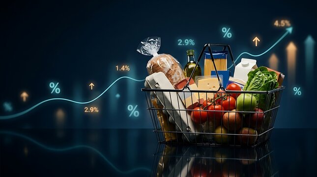 Shopping basket filled with groceries against a background of rising