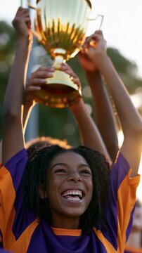 Smiling young soccer player holding championship trophy aloft at golden hour celebrating triumph for sports poster and background