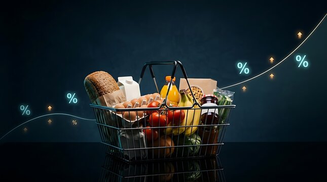 Shopping basket full of grocery products with rising percentage line