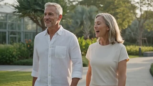 An elderly couple walks happily outside the room.