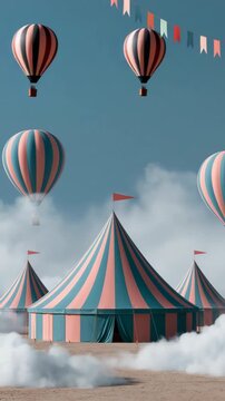 Front view of large striped circus tent with surrounding hot air balloons and low clouds on sandy ground for wallpaper or poster