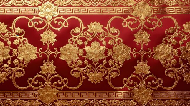 Ornate gold floral and vine pattern on a rich red background with intricate detailing and classic decorative borders.