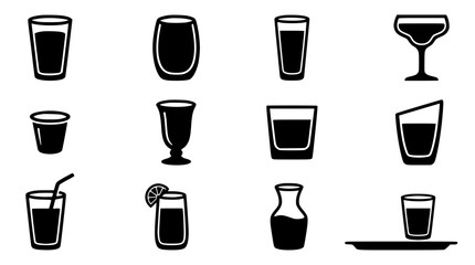Drinkware Icons Set with Glasses, Shot Glasses, and a Carafe. Barware Illustration, Cocktail Design, Beverage Icons. © Rubina