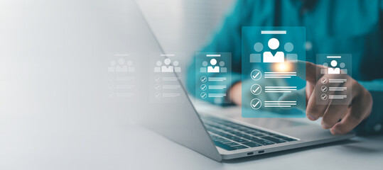 Fototapeta na wymiar Digital recruitment and talent management concept showing a professional selecting employee profiles through an online platform, representing hiring, human resources, staffing, workforce technology.