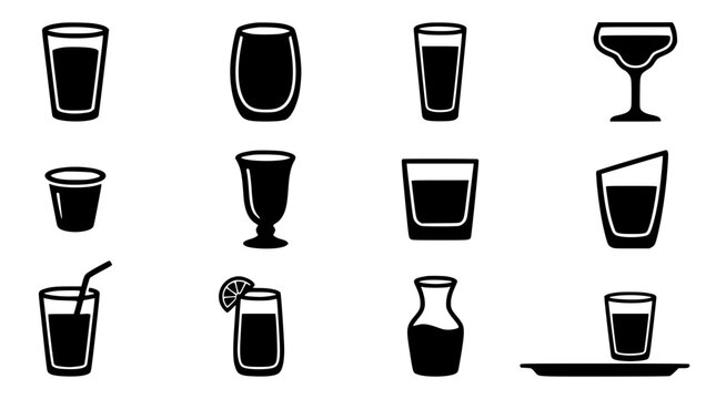 Drinkware Icons Set with Glasses, Shot Glasses, and a Carafe. Barware Illustration, Cocktail Design, Beverage Icons.