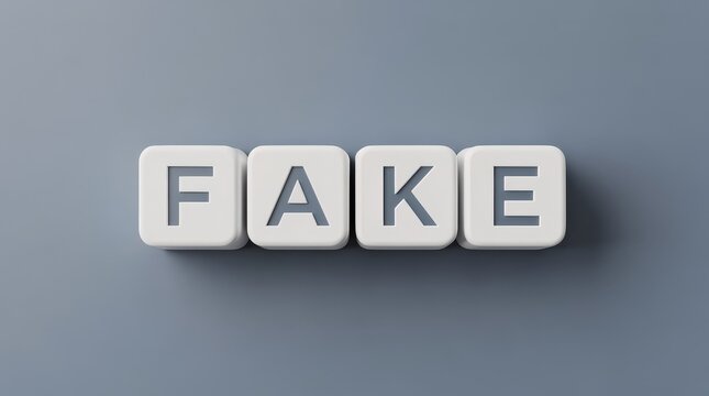 White tiles with black letters spell out "FAKE" on a gray surface, symbolizing falsehood or deception.