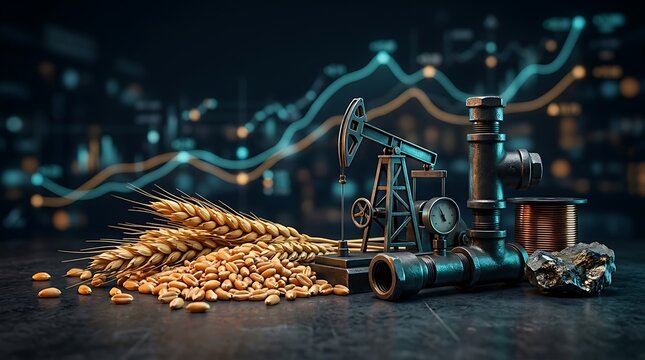 Industrial Oil Rig and Wheat Grains with Financial Market Graph