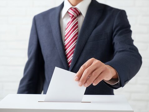 スーツ姿の日本人男性が投票箱に票を入れる選挙投票シーンのビジネス写真