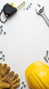 Minimalist flat lay composition of yellow safety helmet and metal tools on a clean white background