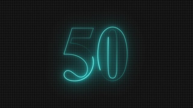 Neon glowing digital number fifty on grid background