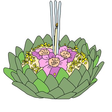 Hand drawn illustration of traditional Thai lotus krathong made of banana leaves and flowers with candle and joss sticks for Loy Krathong festival