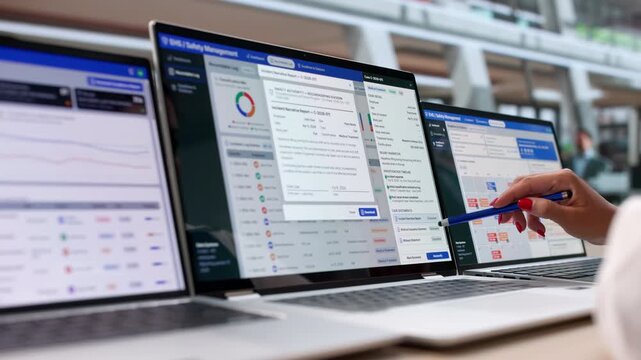 Environmental Safety Manager Reviews Incident Reports On Laptop
