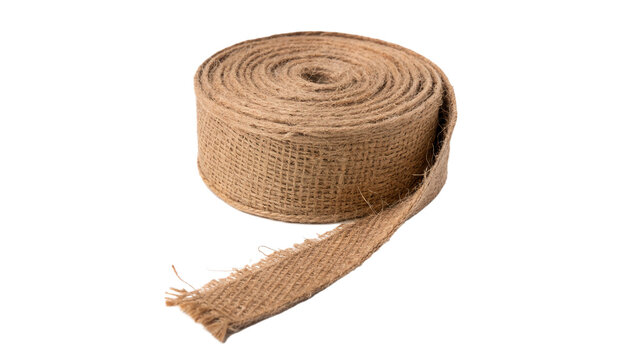 Roll of natural brown burlap jute fabric ribbon tape isolated on transparent background