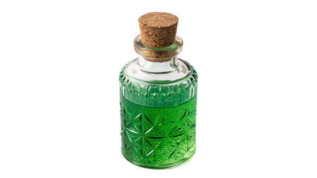 Small antique glass vial bottle filled with green magic potion isolated on transparent background