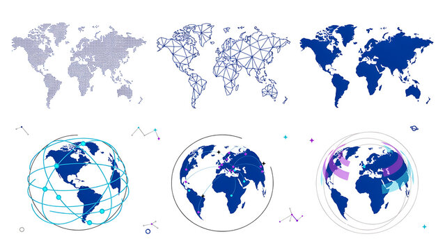 Global map collection showing different styles of world connectivity and data visualization on globe surfaces