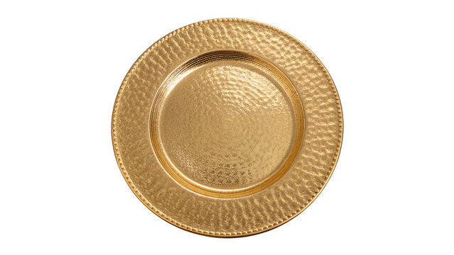 Ornate round golden charger plate with textured border isolated on transparent background