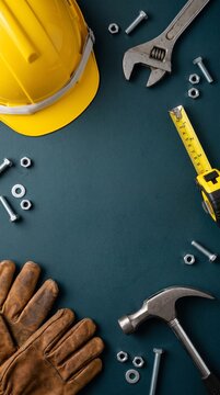Yellow hard hat and basic carpentry tools scattered on a deep navy blue canvas background
