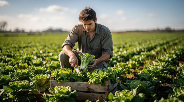 A man harvests fresh lettuce in a green field under a clear sky, carefully placing it into a wooden crate during daytime.