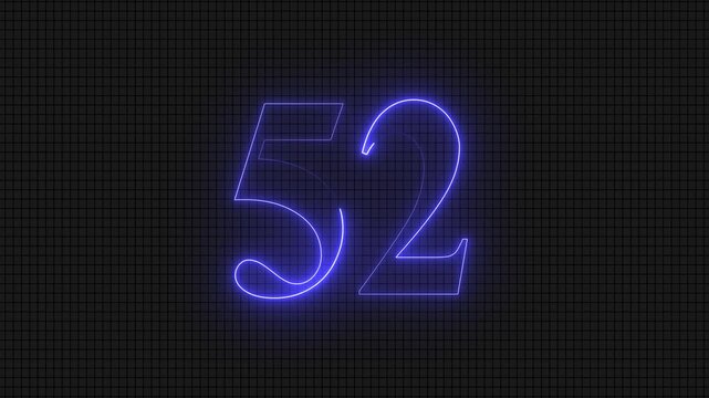 Neon blue digital number fifty two on grid background