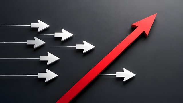 Large red arrow moving upward ahead of smaller white arrows representing business growth, leadership, competitive advantage, and financial success