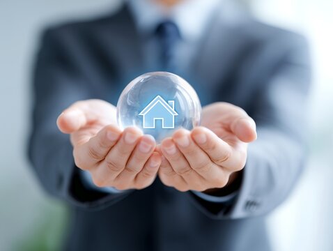 スーツ姿のビジネスマンが両手で家のマークが入ったガラスの球体を持つ不動産と信頼のイメージ