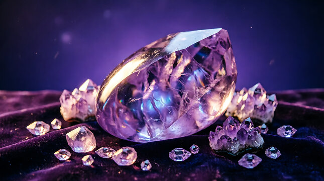 Close-up of brilliant large diamond gemstone surrounded by smaller sparkling diamonds on dark velvet