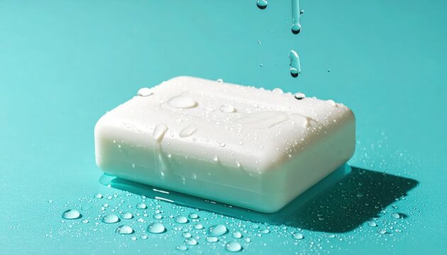 Bar of Soap with Water Droplets on a Blue Background.