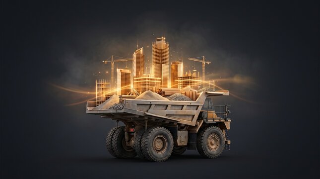 Massive yellow dump truck carrying a glowing miniature industrial factory complex in a dark warehouse
