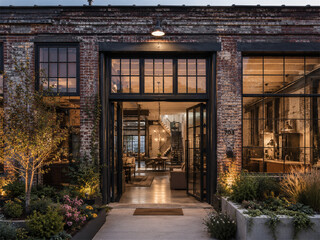Fototapeta premium Warm evening view of a modern brick home entrance with black framed glass doors glowing interior lights landscaped garden beds and refined architecture creating an inviting residential exterior