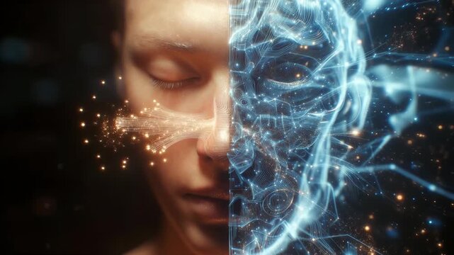 Half human face and half luminous digital pattern in abstract style on dark background showing concept of technology evolution
