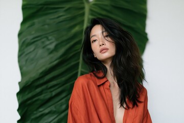 Fototapeta premium Elegant female portrait with oversized tropical leaf backdrop and terracotta shirt for beauty banner and fashion background
