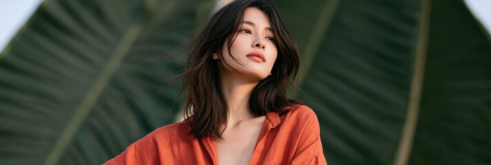 Fototapeta premium Portrait of a woman in an orange shirt against oversized tropical leaf background for fashion banner and editorial background design