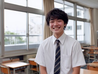 Fototapeta premium 教室で爽やかな笑顔を見せる制服姿の男子高校生が前向きな日常を感じさせる学校風景