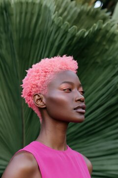 Portrait of confident woman with pink hair and fuchsia dress against palm leaf background for fashion banner and editorial design