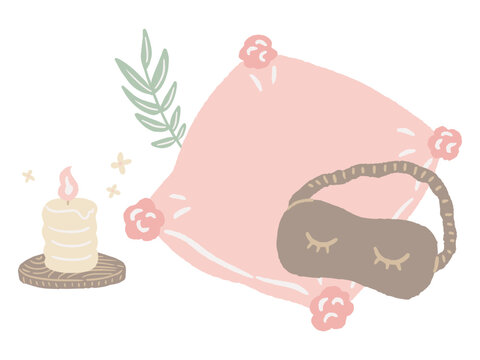 Hand-drawn illustration of healing cushions, eye masks, and scented candles / クッションとアイマスクとアロマキャンドルの癒やしの手描きイラスト