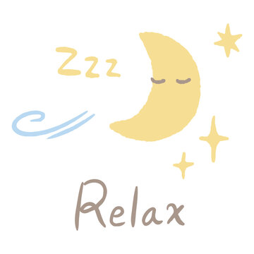 Hand-drawn illustration of a sleeping crescent moon with relaxed lettering / すやすや眠る三日月とリラックスの英字ロゴの手描きイラスト