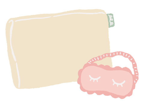 Hand-drawn illustration of sleep care with a comfortable pillow and an eye mask / 安眠まくらとアイマスクの睡眠ケアの手描きイラスト
