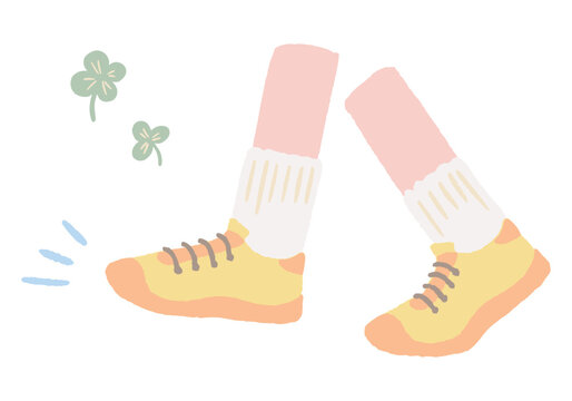 Hand-drawn illustration of walking feet for healthy exercise and strolling / ウォーキングや散歩で健康的に歩く足元の手描きイラスト