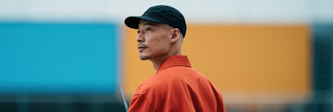 Close portrait of a man in an orange jacket and black cap looking sideways against colorful modern interior background for banner and editorial layout