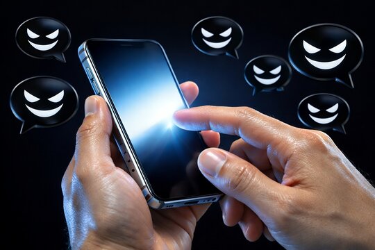 スマートフォンと不気味な吹き出しが示すネット上の悪意や誹謗中傷とサイバー犯罪イメージ