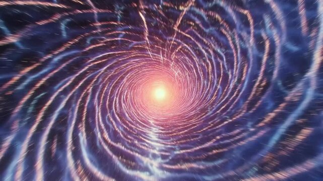 Cosmic tunnel of blue swirling light in abstract style on dark space background, concept of time travel journey