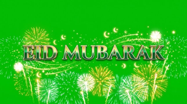 Eid Mubarak Greeting with Golden Typography and Fireworks Background
